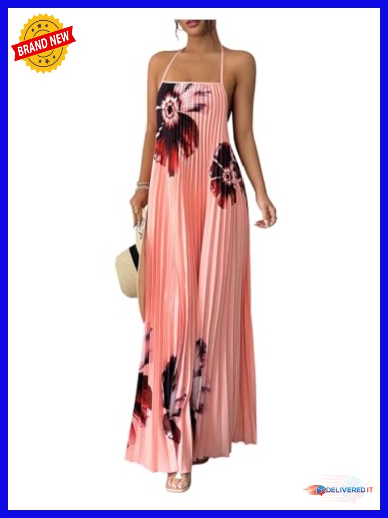 Elegant Pleated Open Back Maxi Halter Dress - Wedding Guest Flowy